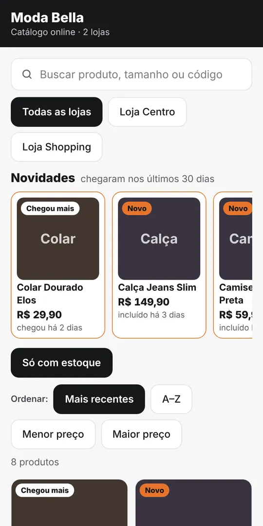 Catálogo online com novidades e filtro por loja