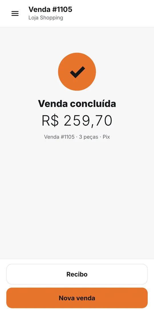Venda concluída com o total e o botão Recibo