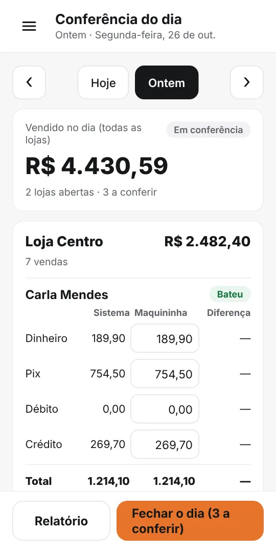 Conferência do dia com sistema, maquininha e diferença por forma de pagamento