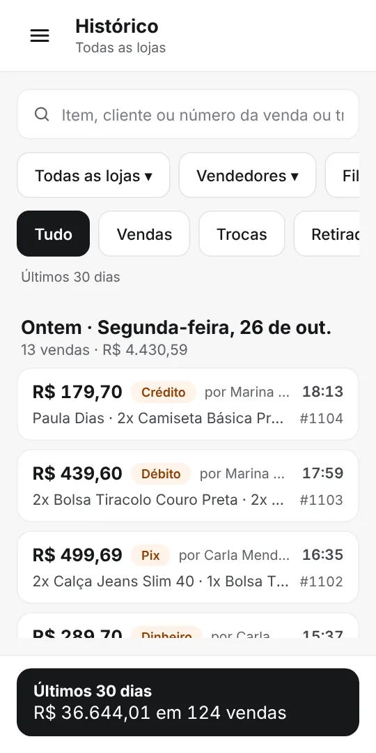 Histórico de vendas do dia com filtros por loja e vendedor