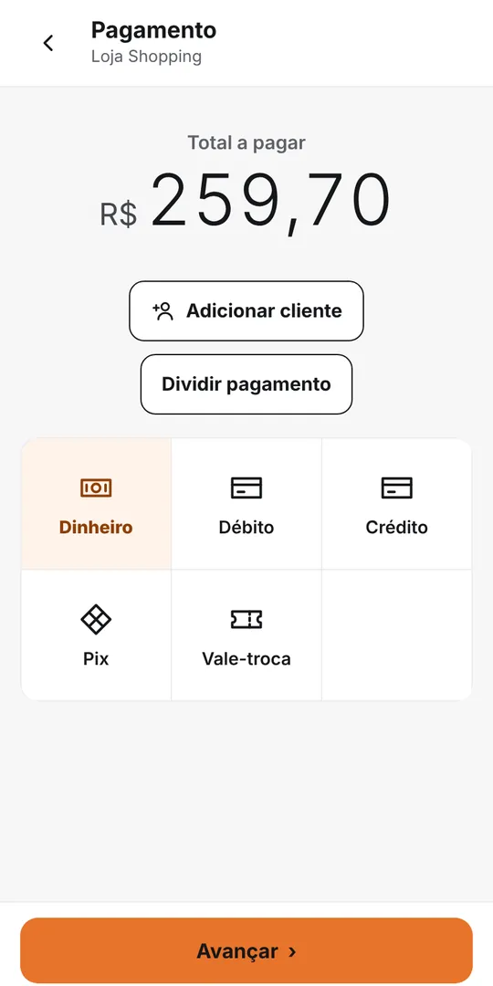Tela de pagamento com Dinheiro, Débito, Crédito, Pix e Vale-troca