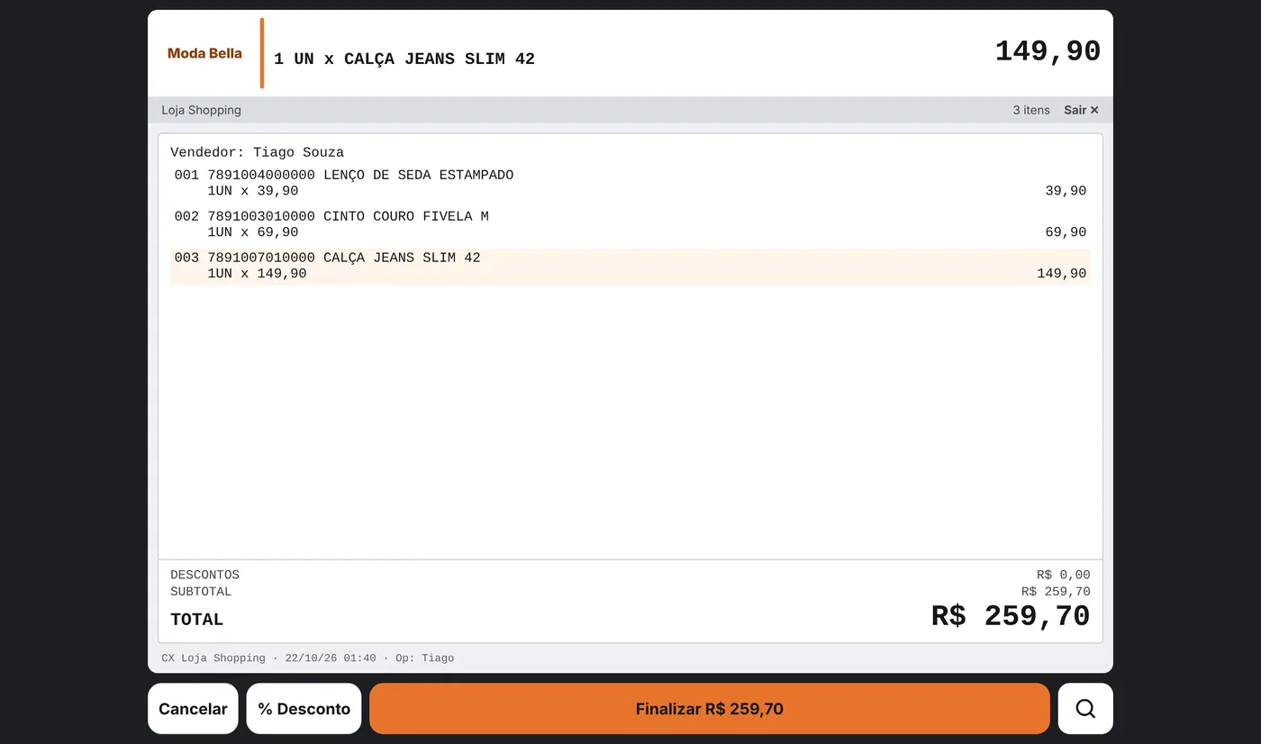 PDV rápido no computador com três peças bipadas e total de R$ 259,70
