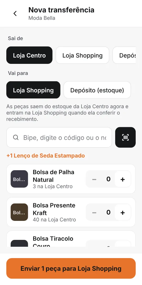 Nova transferência: escolha a loja de saída, a de destino e bipe as peças