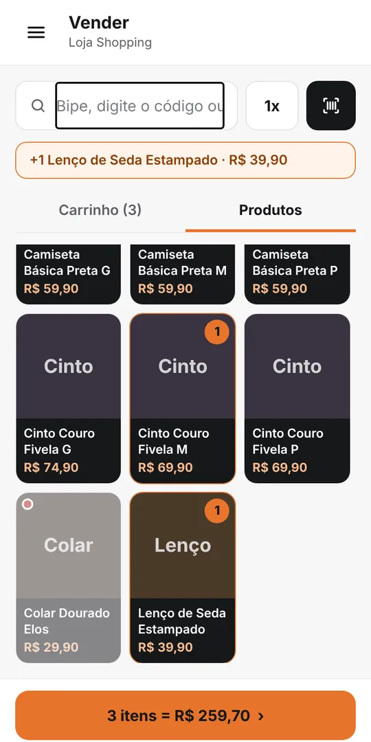 Tela de vender no celular com a grade de produtos